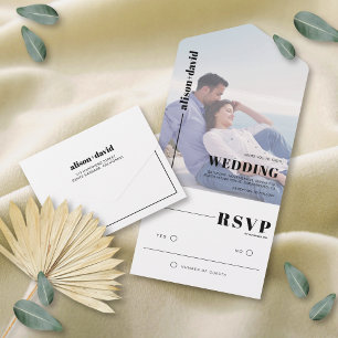 Moderne schwarz-weiße minimalistische Fotohochzeit All In One Einladung