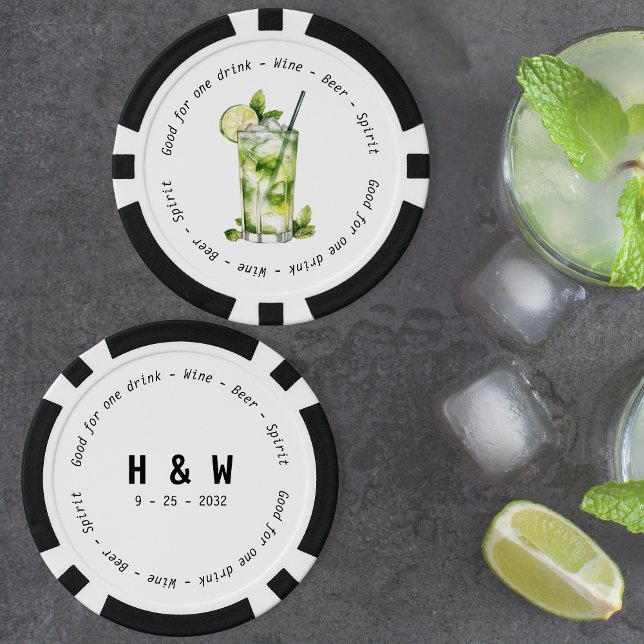 Moderne Schwarz-weiße Mojito Drink Voucher Hochzei Pokerchips (Modern Black White Mojito Drink Voucher Wedding Poker Chips)