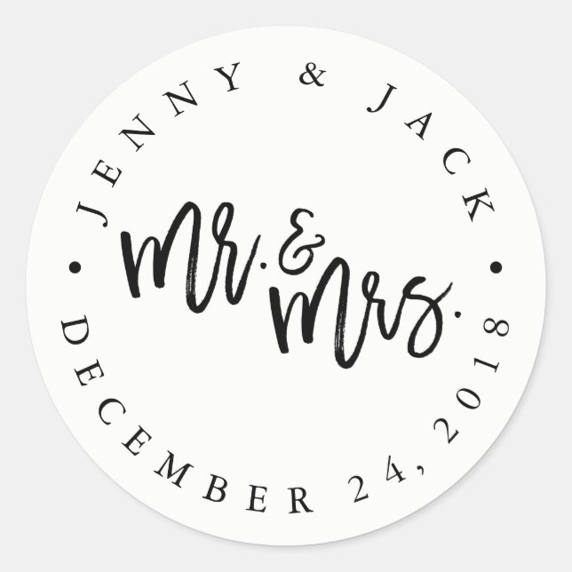 Moderne Schwarz-weiße Mr. und Mrs. Wedding Sticker (Vorderseite)