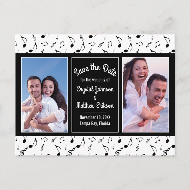 Moderne Schwarz-weiße Musiknoten Foto Save the Dat Postkarte (Vorderseite)