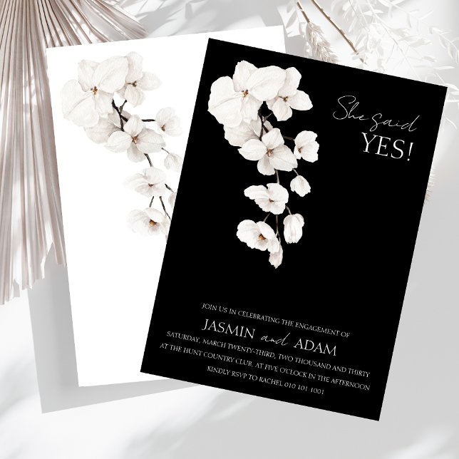 Moderne Schwarz-weiße Orchideen sagte sie ja Verlo Einladung (Modern Black and White Orchids Flowers 'She Said Yes!' Engagement Party Invite)