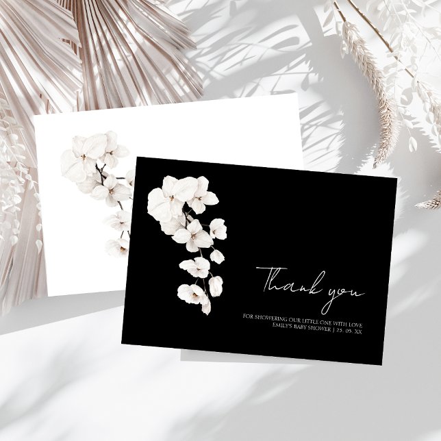 Moderne Schwarz-weiße Orchids Blumenspülung Dankeskarte (Modern Black and White Orchids Flowers Baby Shower Thank You Card)