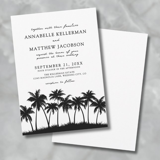 Moderne Schwarz-weiße Palmenbaum Tropische Hochzei Einladung (Modern Black White Palm Tree Tropical Wedding Invitation)
