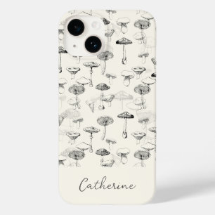 Moderne Schwarz-weiße Pilze mit Individuelle Name Case-Mate iPhone 14 Hülle