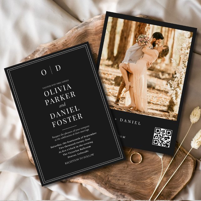 Moderne Schwarz-weiße QR Code Foto Hochzeit Einladung (Von Creator hochgeladen)