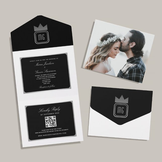 Moderne Schwarz-weiße QR-Hochzeit All In One Einladung (Von Creator hochgeladen)