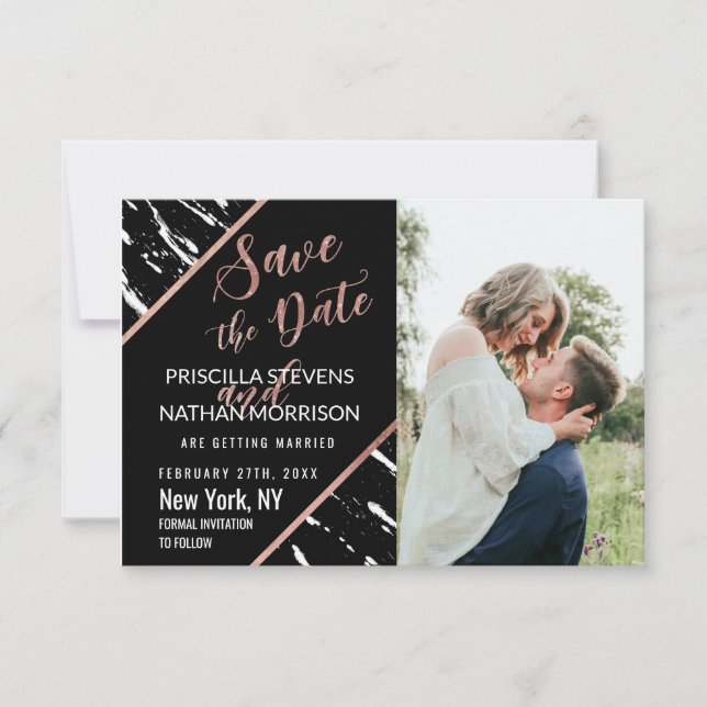 Moderne Schwarz-weiße Rose aus Marmor Gold Chic Save The Date (Vorderseite)