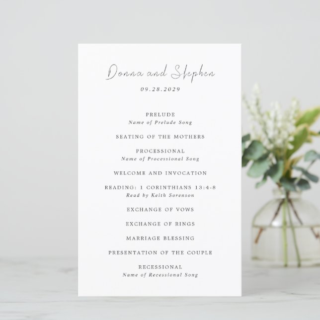 Moderne schwarz-weiße saubere Hochzeitsprogramm (Stehend Vorderseite)