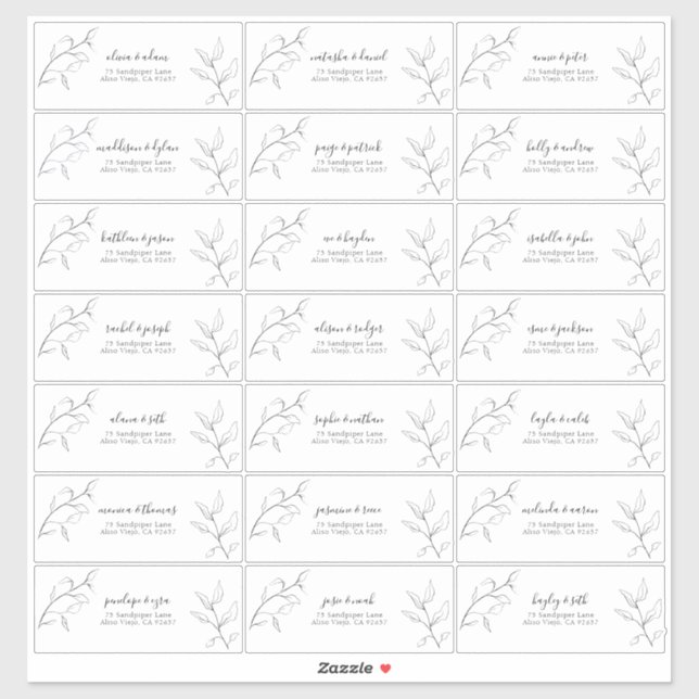 Moderne Schwarz-weiße Script Botanische Gastadress Aufkleber (Blatt)