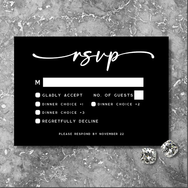Moderne Schwarz-weiße Script-Minimal-Hochzeit RSVP Karte (Von Creator hochgeladen)