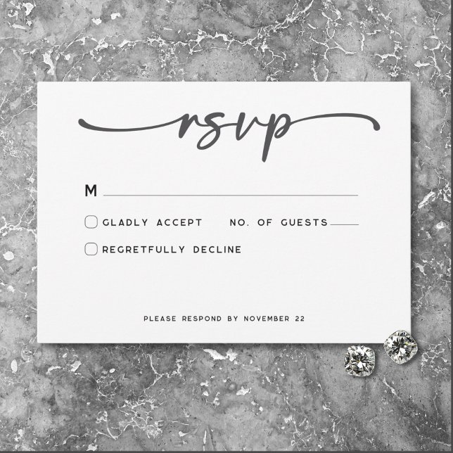 Moderne Schwarz-weiße Script-Minimal-Hochzeit RSVP Karte (Modern Black White Script Photo Wedding No Dinner RSVP Card)