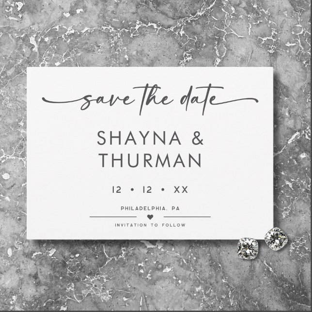 Moderne Schwarz-weiße Script-Minimal-Hochzeit Save The Date (Von Creator hochgeladen)