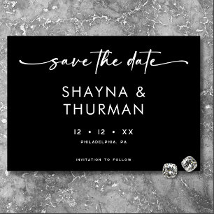 Moderne Schwarz-weiße Script-Minimal-Hochzeit Save The Date