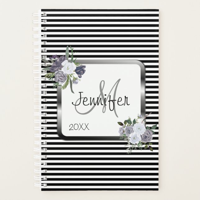 Moderne Schwarz-weiße Silver Monogram personalisie Planer (Vorderseite)