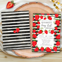 Moderne Schwarz-weiße Streifen Erdbeere 1. Geburts