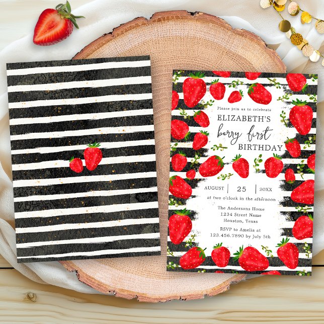 Moderne Schwarz-weiße Streifen Erdbeere 1. Geburts Einladung (Von Creator hochgeladen)
