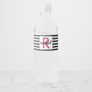 Moderne schwarz-weiße Streifen monogrammiert Wasserflaschenetikett