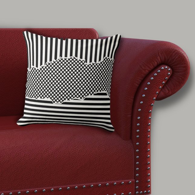 Moderne schwarz-weiße Streifen-Punkte Kissen (Modern Black & White Layered Stripes Dots Throw Pillow)