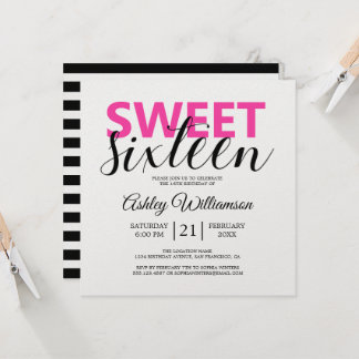 Moderne Schwarz-weiße Streifen Rosa Sweet 16 Einladung