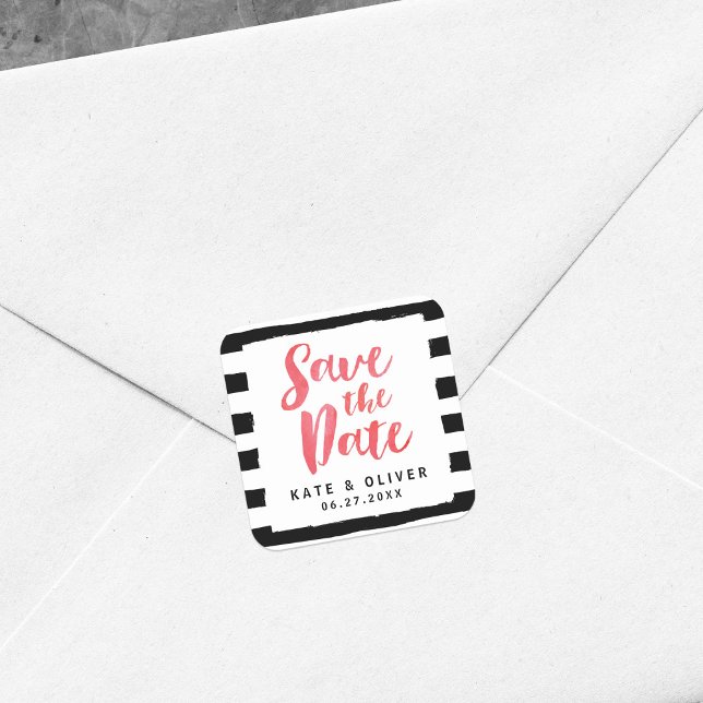 Moderne schwarz-weiße Streifen Save the Date Quadratischer Aufkleber (Von Creator hochgeladen)
