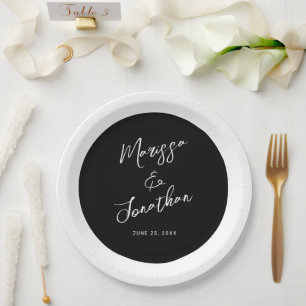 Moderne Schwarz-weiße Streifenhochzeit Pappteller