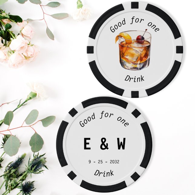 Moderne Schwarz-weiße Trinkkissen Hochzeitskappen  Pokerchips (Modern Black White Drink Token Wedding Poker Chip)