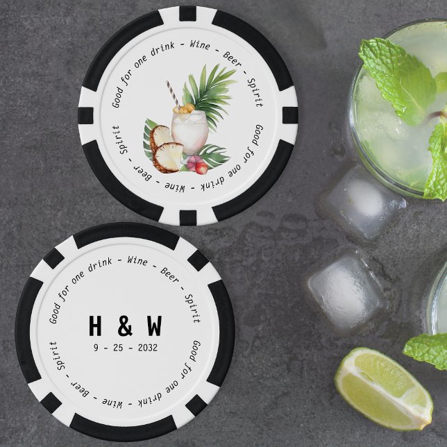Moderne Schwarz-weiße Tropengetränkepause Pokerchips (Modern Black White Tropical Drink Voucher Wedding Poker Chips)