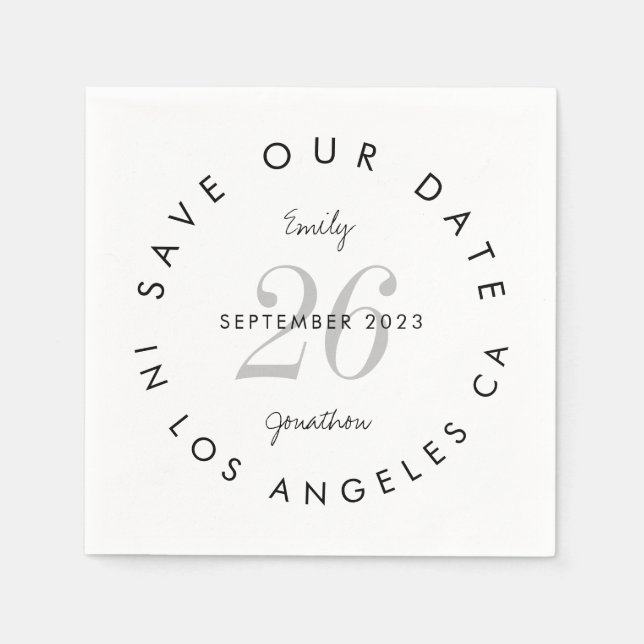 Moderne Schwarz-weiße Typografie Save the Date Serviette (Vorderseite)