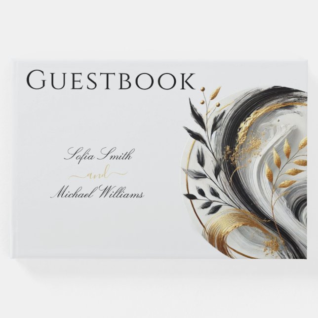 Moderne Schwarz-weiße und goldene Botanische Hochz Gästebuch (Vorderseite)