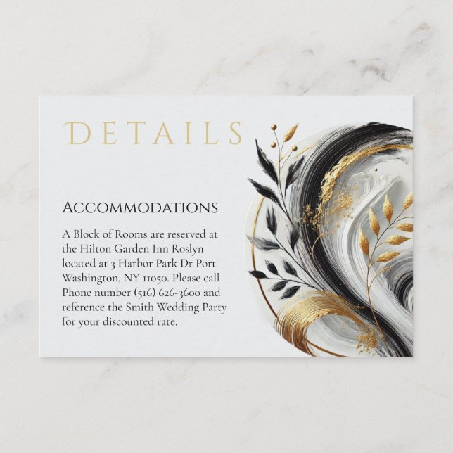 Moderne Schwarz-weiße und goldene Hochzeit - botan Begleitkarte (Rückseite)