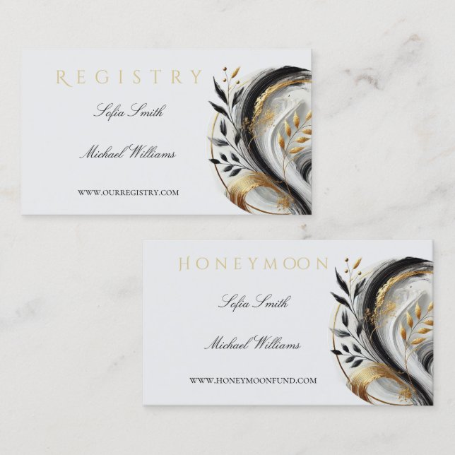 Moderne Schwarz-weiße und goldene Hochzeitsregistr Visitenkarte (Vorne/Hinten)