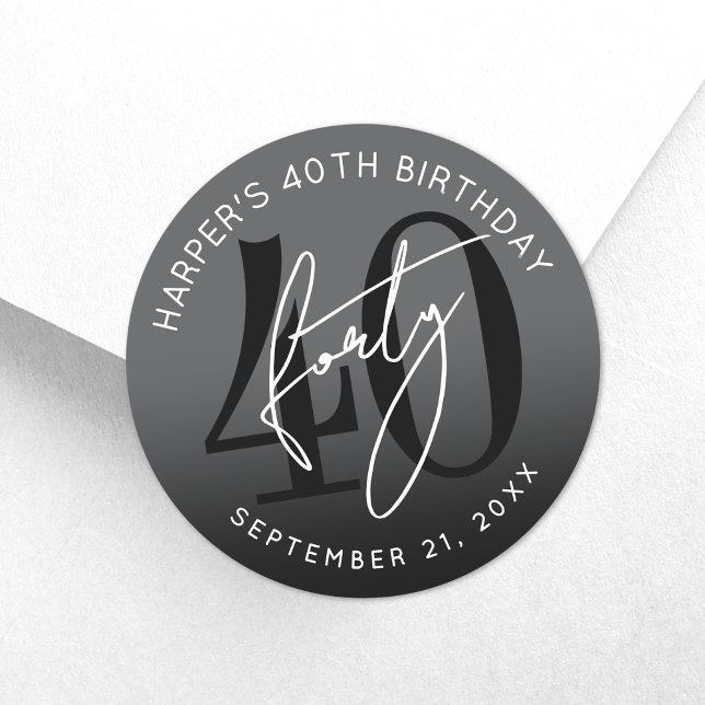 Moderne schwarze 40. Geburtstagsfeier Runder Aufkleber (Modern Black 40th Birthday Party Classic Round Sticker)