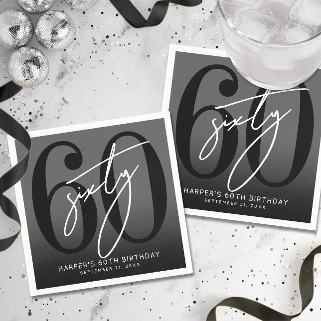 Moderne schwarze 60. Geburtstagsfeier Serviette (Modern Black 60th Birthday Party Napkins)