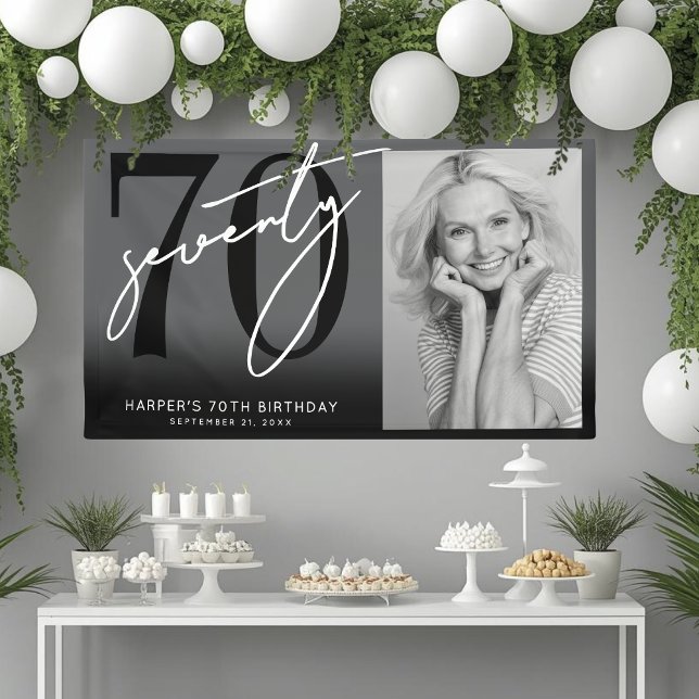 Moderne schwarze 70. Geburtstagsfeier Banner (Modern Black 70th Birthday Party Banner)