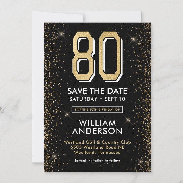 Moderne schwarze 80. Geburtstagsfeier Save The Date (Vorderseite)