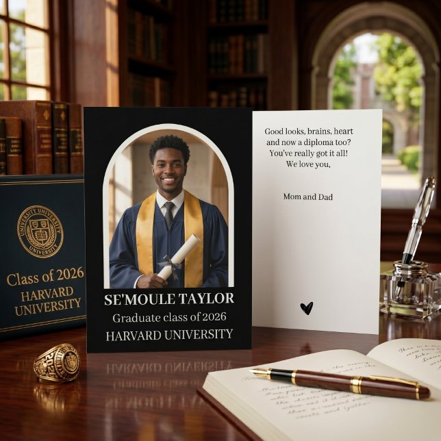 Moderne Schwarze Abschlussfeier-Afrika-Amerikanisc Karte (Arch Photo African American Graduate Modern Black Congratulations Class 2026)
