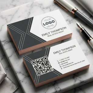 Moderne Schwarze Art Deco QR Code Immobilien-Logo Visitenkarte