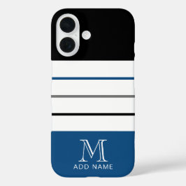 Moderne schwarze blaue Streifen mit Monogramm-Name iPhone 16 Hülle