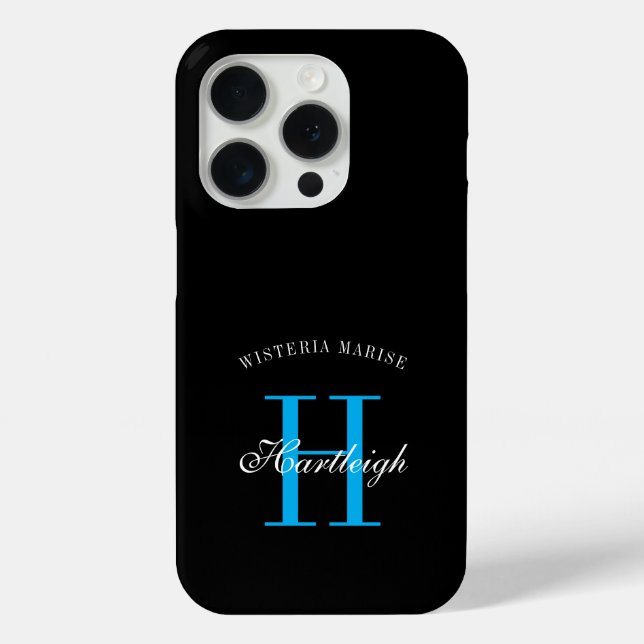 Moderne schwarze blaue weiße Monogramm Name Case-Mate iPhone Hülle (Rückseite)