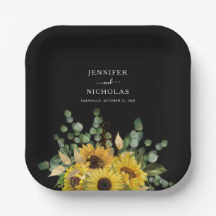 Moderne schwarze Blumen-Sonnenblumen-Hochzeit Pappteller