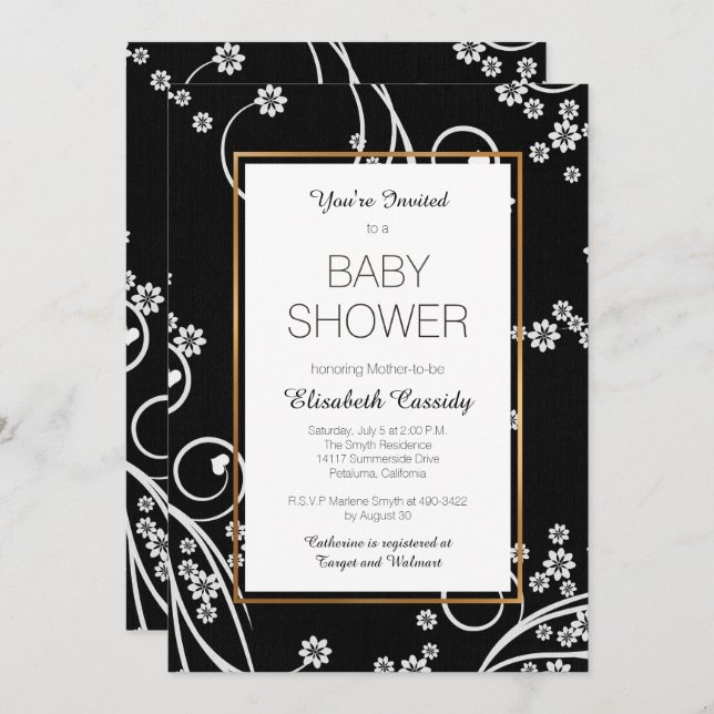 Moderne schwarze BlumengoldBabyparty-Einladung Einladung (Vorne/Hinten)