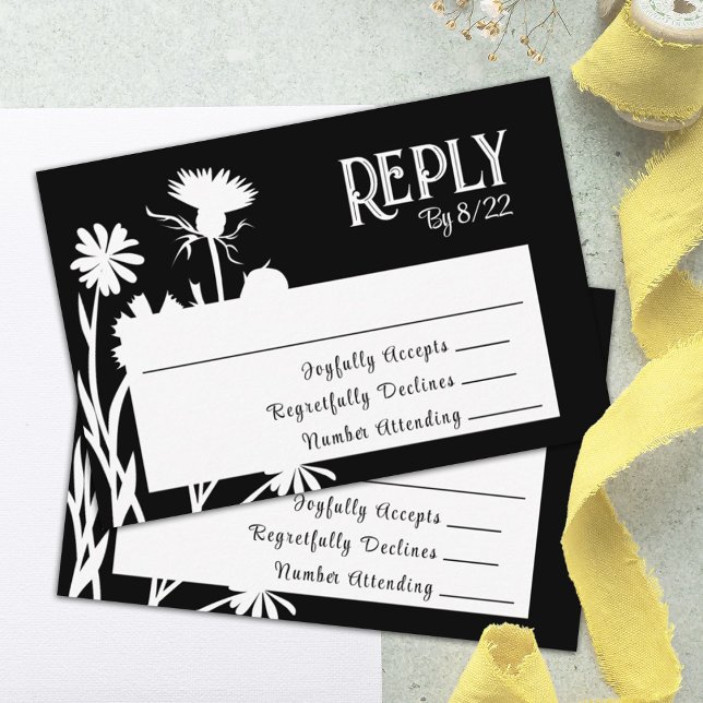 Moderne schwarze botanische RSVP-Karte Hinweiskarte (black floral rsvp, reply, response bat mitzvah rsvp enclosure card)