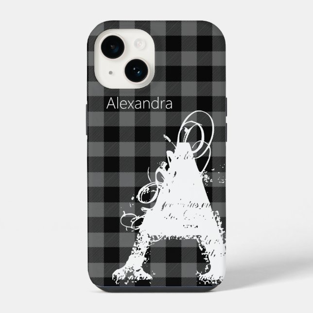 Moderne schwarze Buffalo-Karo große Monogramm-Name iPhone Hülle (Rückseite)