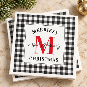 Moderne schwarze Buffalo-Karo-Weihnachtsgrüße Serviette
