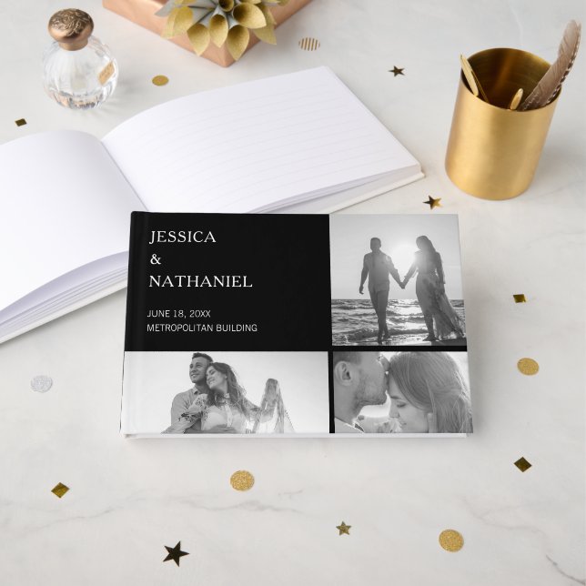 Moderne Schwarze Drei-Foto-Collage Hochzeit Gästebuch (Vorderseite Offen)