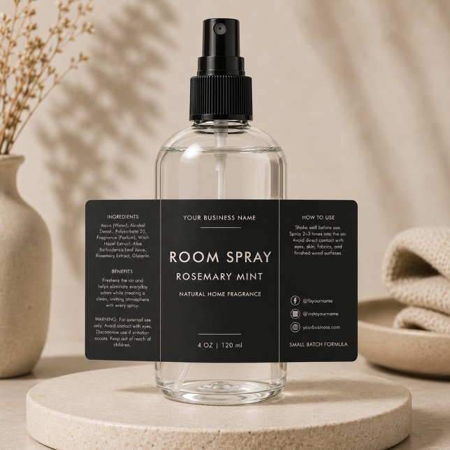 Moderne schwarze Etikette für Raumsprayflasche (Von Creator hochgeladen)