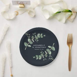 Moderne, schwarze Eukalyptus-Laubblüte Pappteller