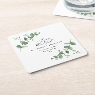 Moderne, schwarze Eukalyptus Save the Date chic Rechteckiger Pappuntersetzer
