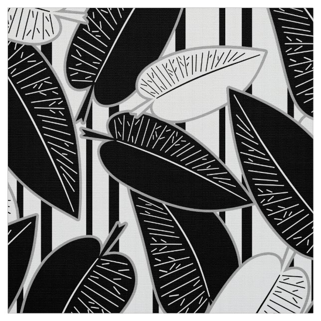 Moderne schwarze Fikus-Blätter abstrakt gestreift  Stoff (Muster)