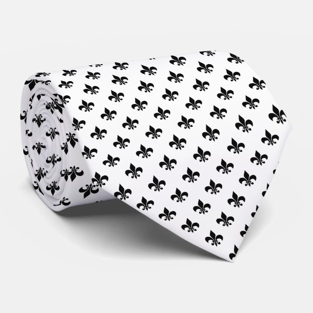 Moderne schwarze Fleur-de-lis auf Weiß Krawatte (Gerollt)
